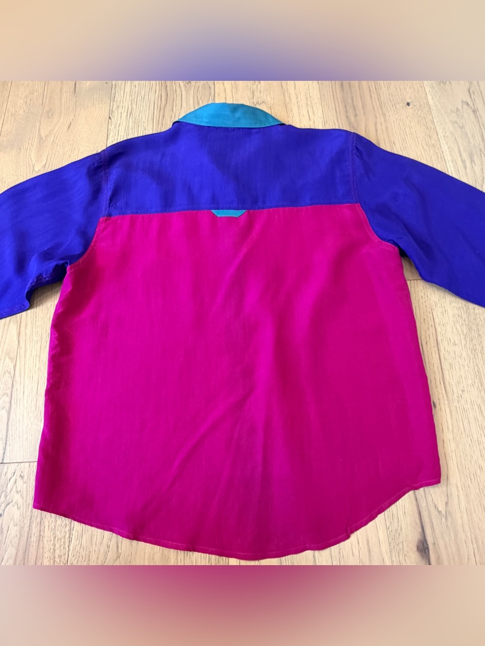 Vintage Silk Petite Sophisticate Color Block Blouse Medium Pink Teal Purple Y2K - Picture 7 of 13